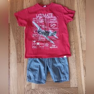 Red Fighter Plane Graphic Tee and Gray Shorts